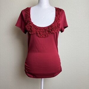 JKLA‎ California Women's Top Red Size S Short Sleeve Ruffles Pullover Stretch